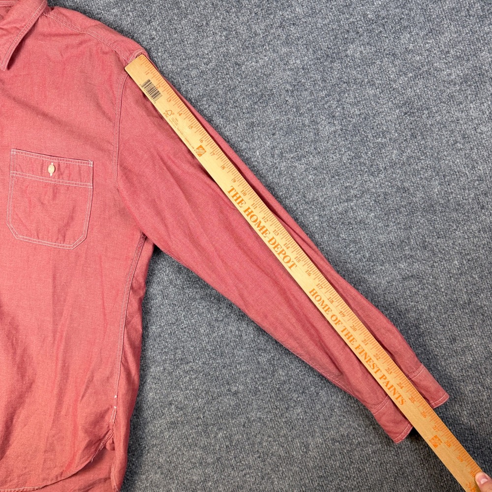 J Crew Chambray Shirt Mens L Pastel Red Long Sleeve Work Utility Chin Strap - Picture 9 of 10